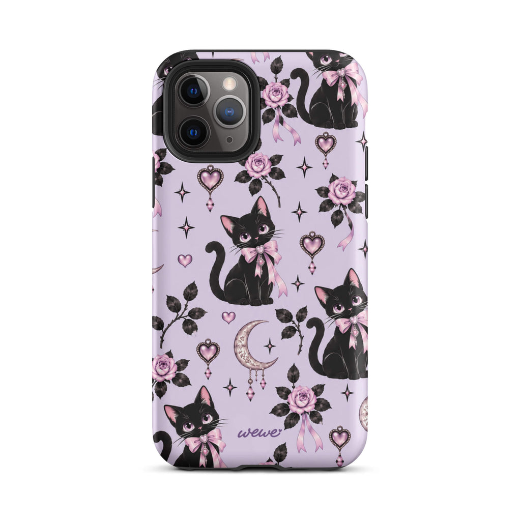 Lavender iPhone case 11 pro with black cats, pink bows, roses, crescent moons, jeweled hearts and stars