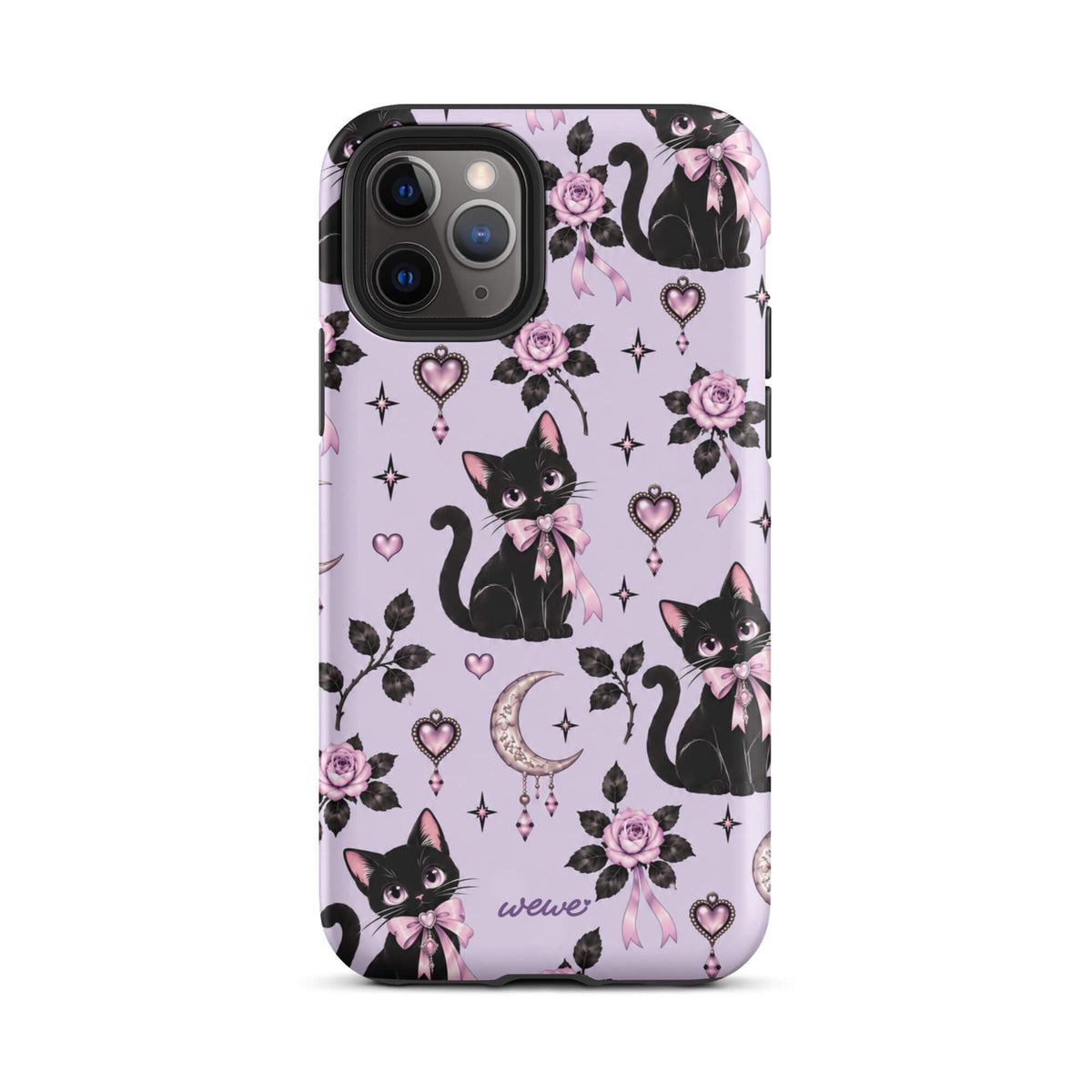 Lavender iPhone case 11 pro with black cats, pink bows, roses, crescent moons, jeweled hearts and stars