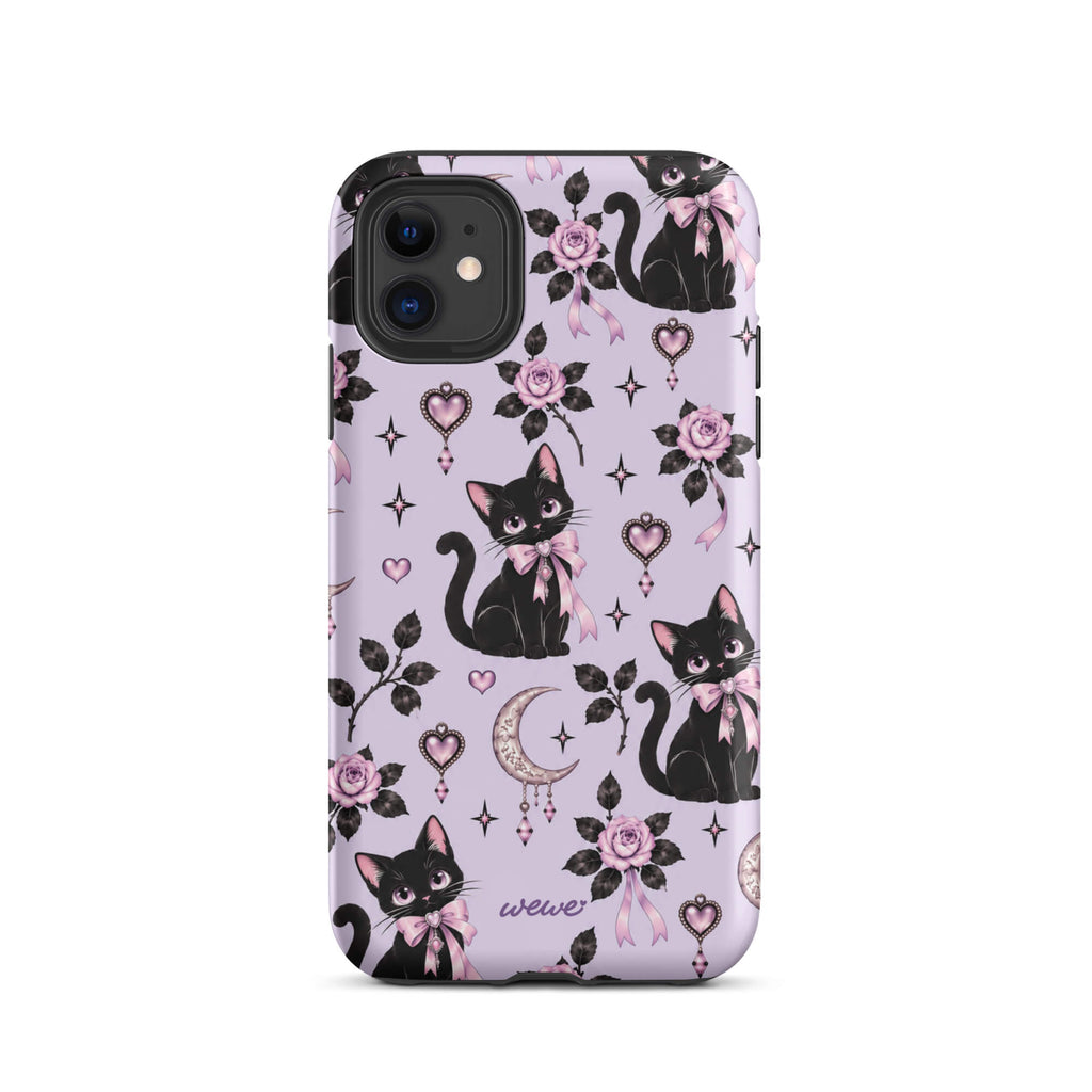Lavender iPhone case 11 with black cats, pink bows, roses, crescent moons, jeweled hearts and stars