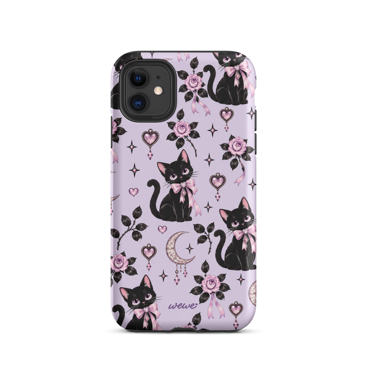 Lavender iPhone case 11 with black cats, pink bows, roses, crescent moons, jeweled hearts and stars