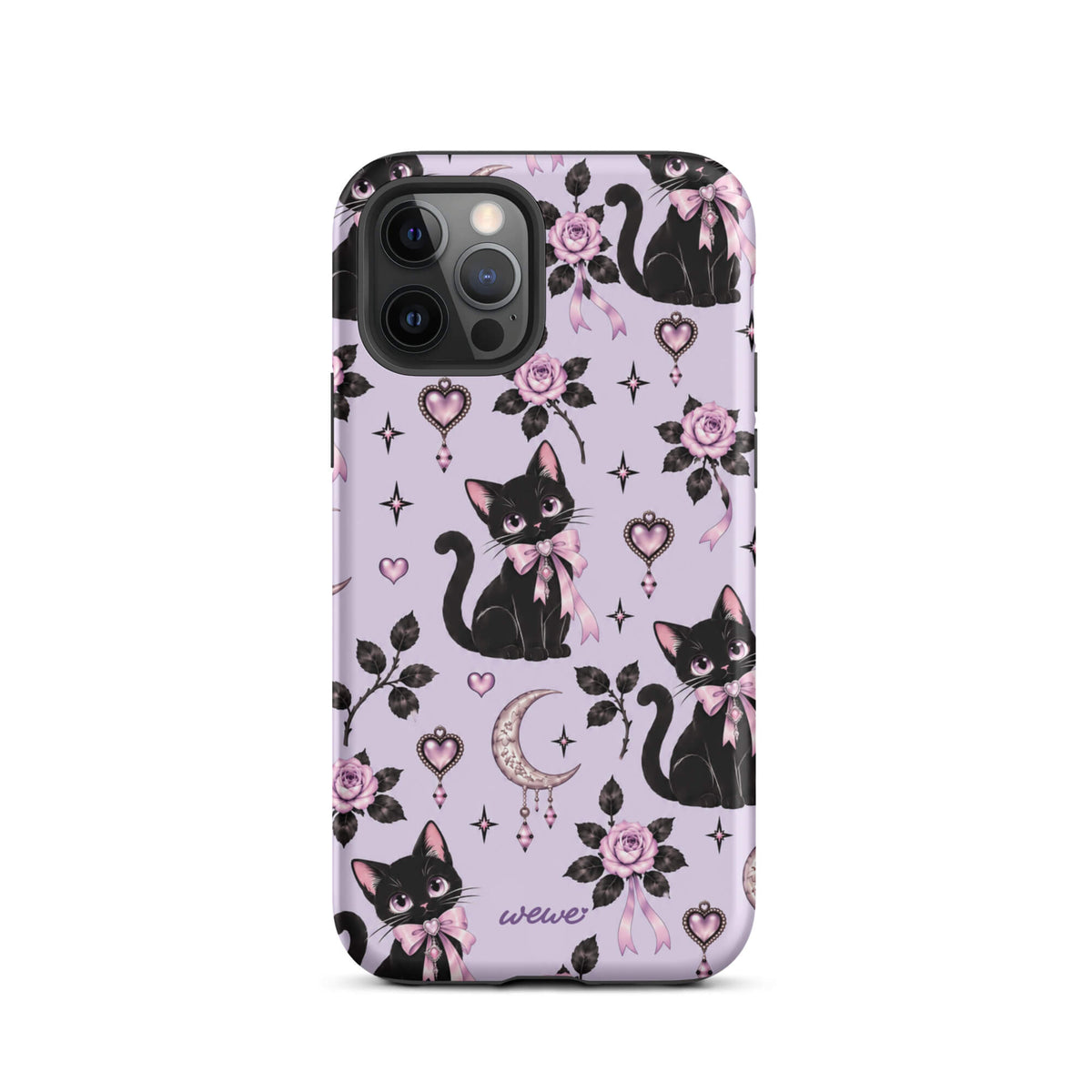 Lavender iPhone case 12 pro with black cats, pink bows, roses, crescent moons, jeweled hearts and stars