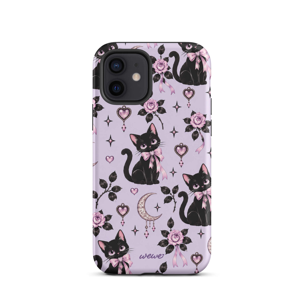 Lavender iPhone case 12 with black cats, pink bows, roses, crescent moons, jeweled hearts and stars