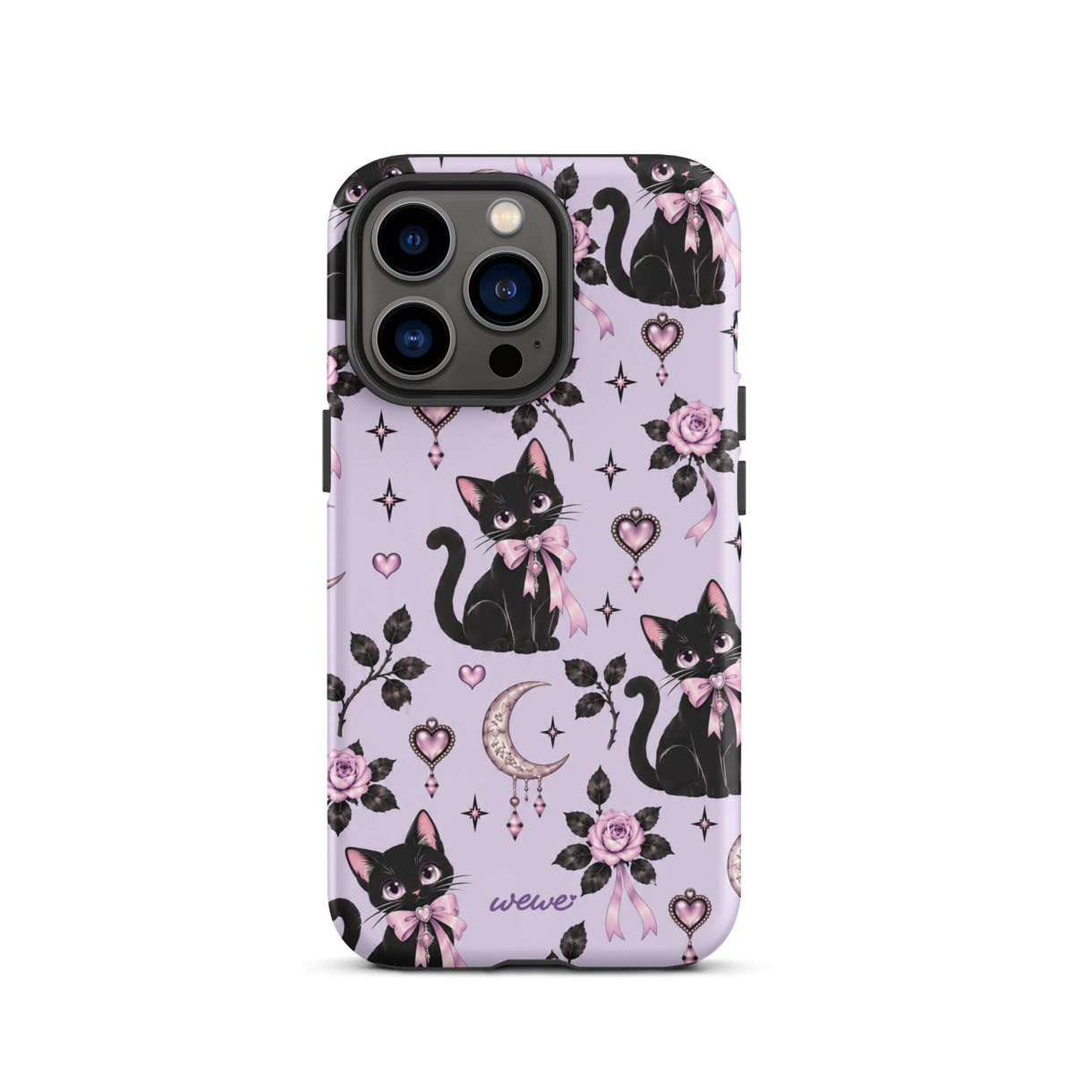 Lavender iPhone case 13 pro with black cats, pink bows, roses, crescent moons, jeweled hearts and stars