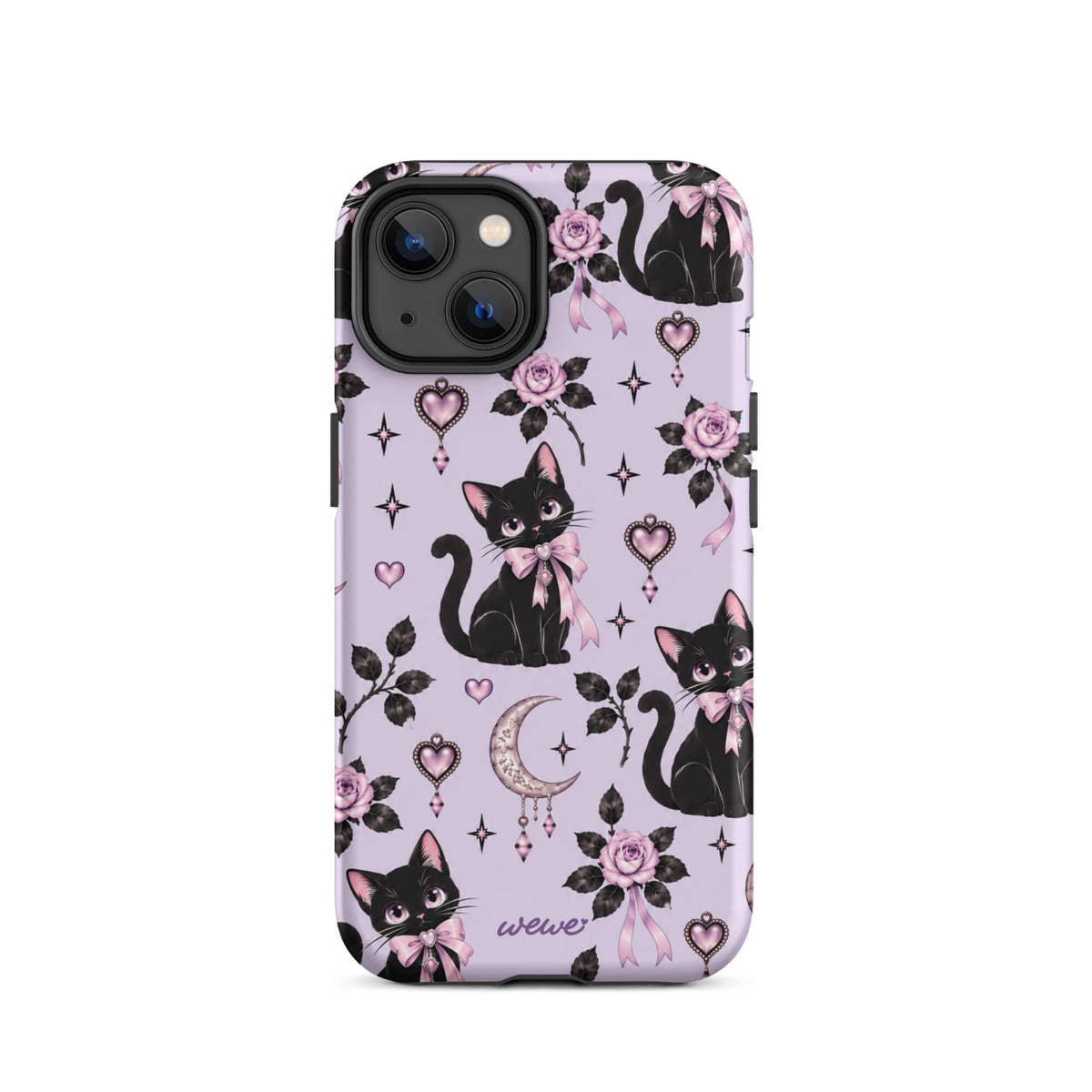 Lavender iPhone case 14 with black cats, pink bows, roses, crescent moons, jeweled hearts and stars