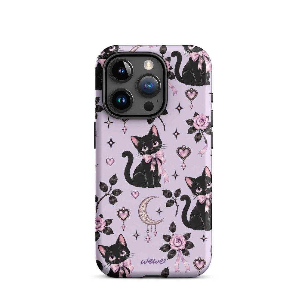 Lavender iPhone case 15 pro with black cats, pink bows, roses, crescent moons, jeweled hearts and stars