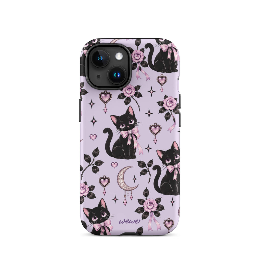 Lavender iPhone case 15 with black cats, pink bows, roses, crescent moons, jeweled hearts and stars