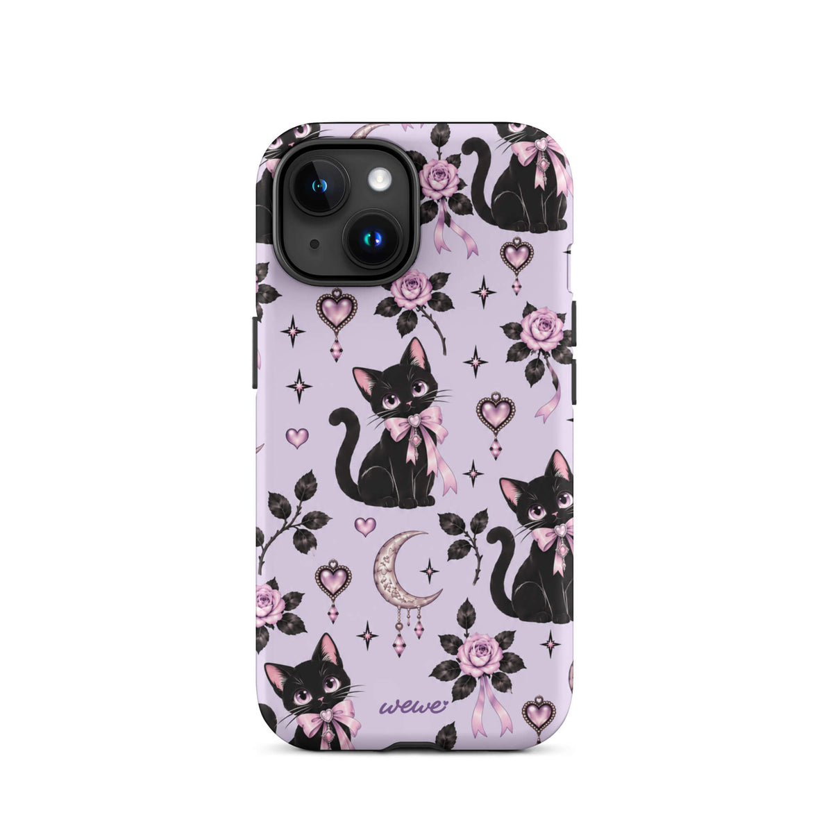 Lavender iPhone case 15 with black cats, pink bows, roses, crescent moons, jeweled hearts and stars