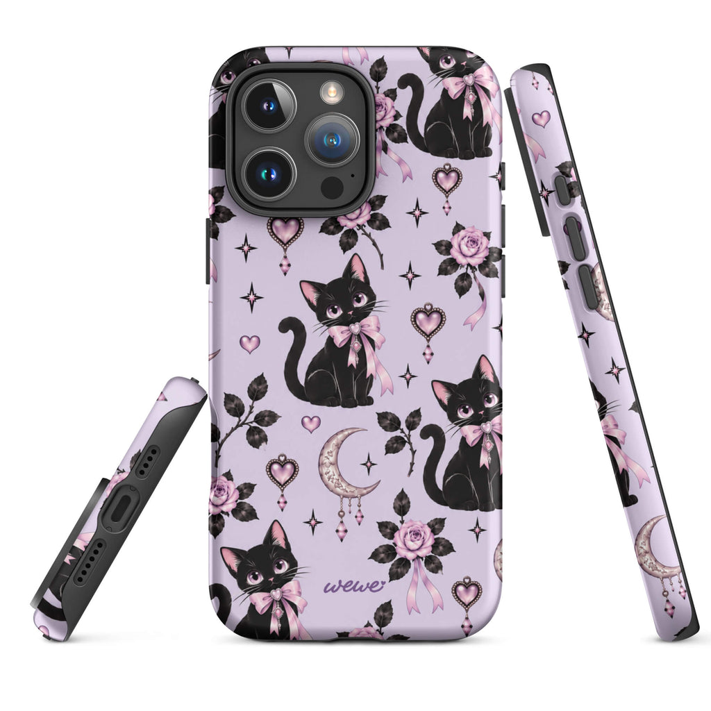 Lavender iPhone case 16 pro max with black cats, pink bows, roses, crescent moons, jeweled hearts and stars