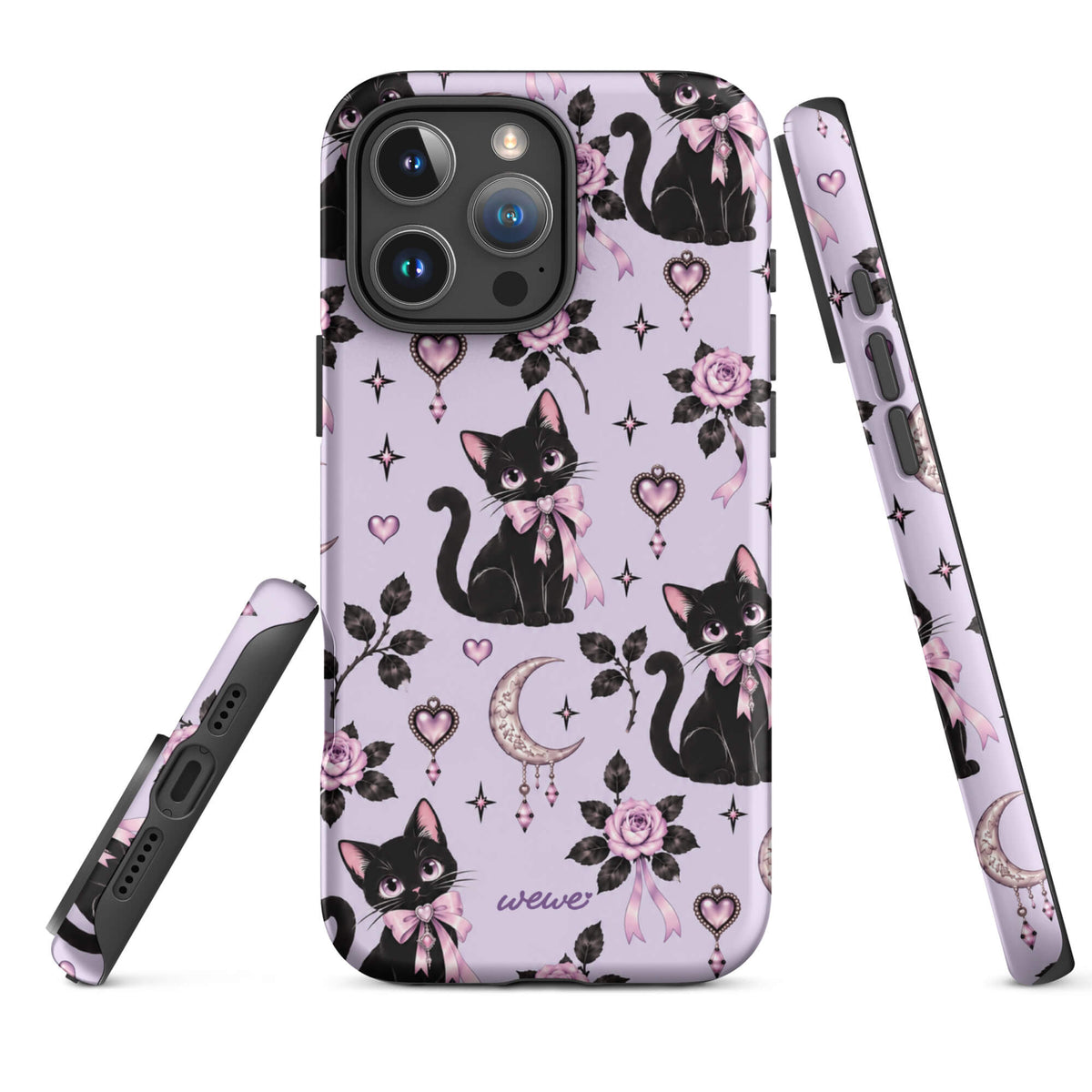 Lavender iPhone case 16 pro max with black cats, pink bows, roses, crescent moons, jeweled hearts and stars