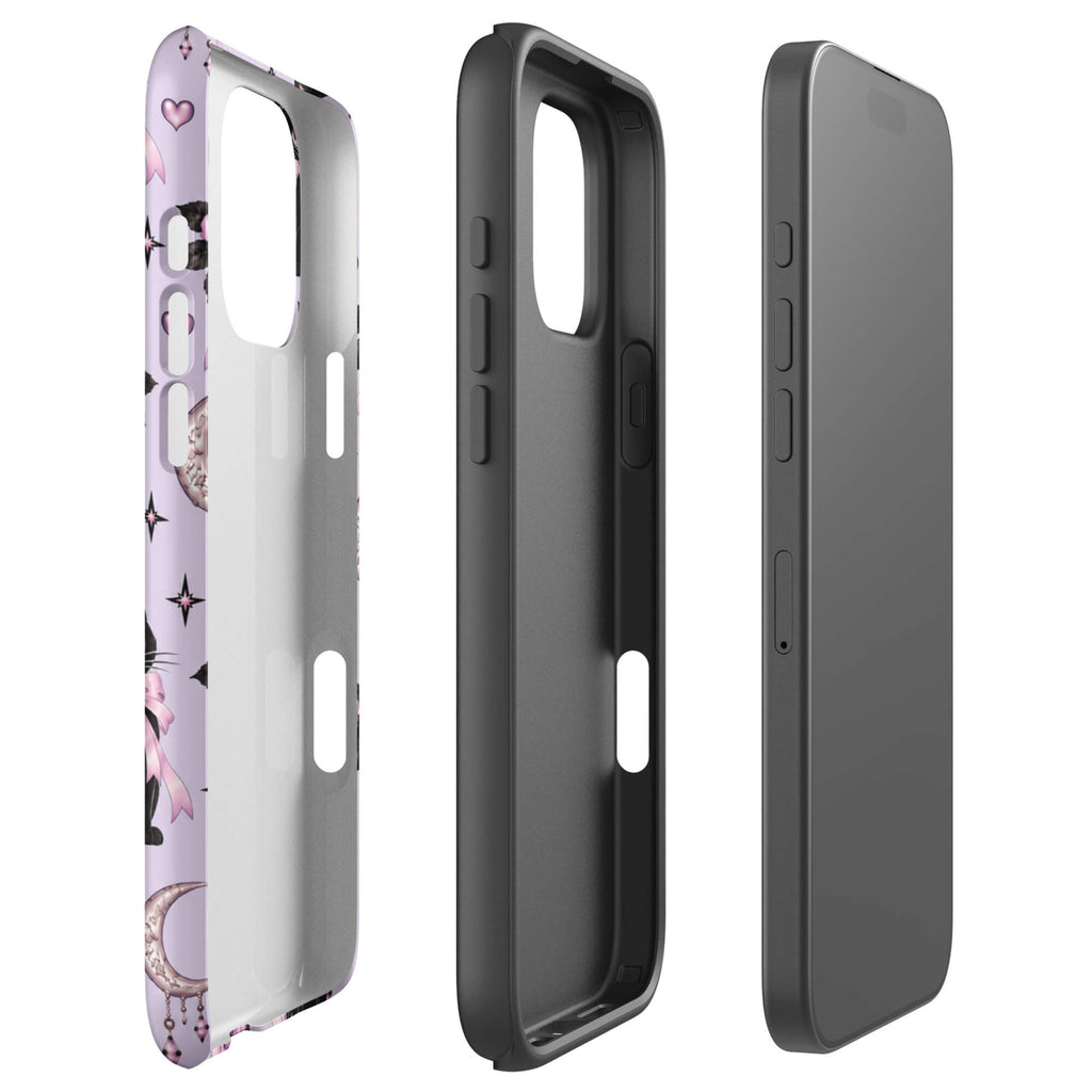 Lavender iPhone case 16 pro max with black cats, pink bows, roses, crescent moons, jeweled hearts and stars