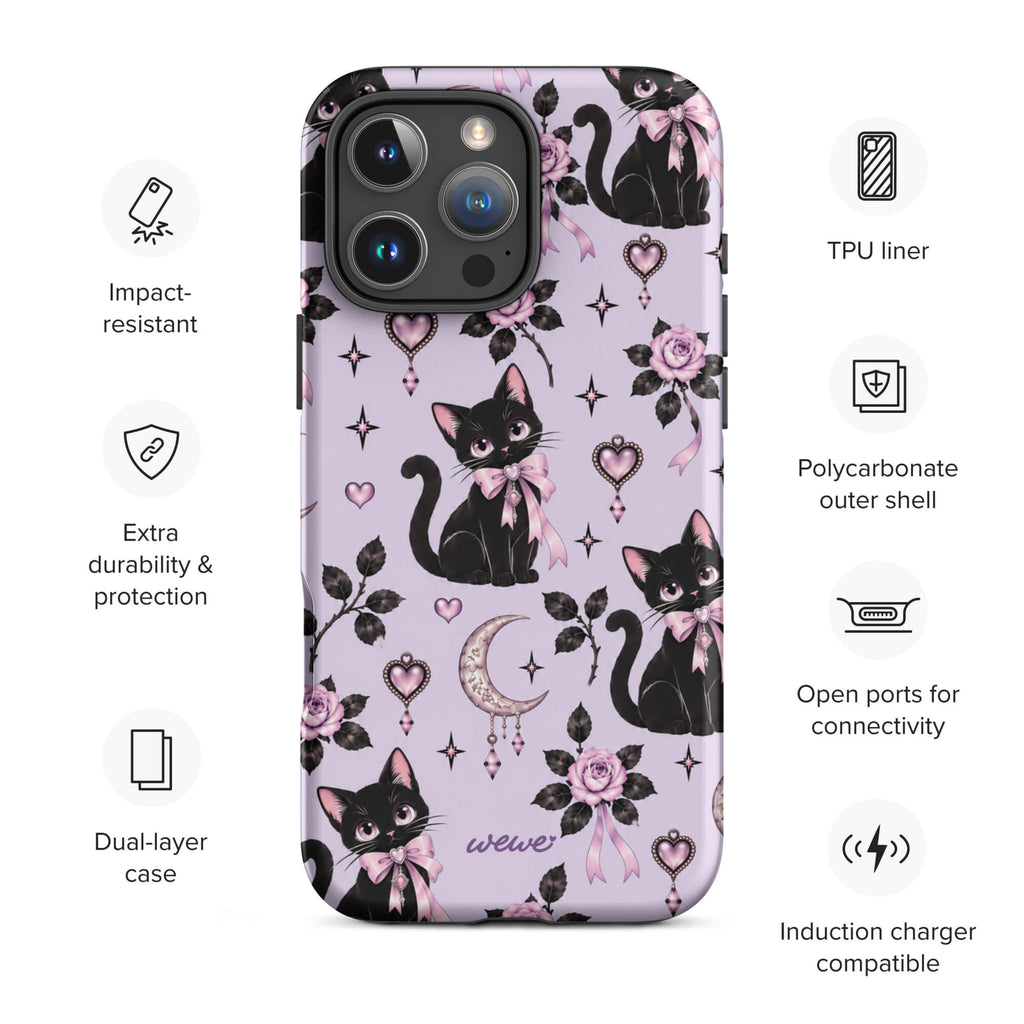 Lavender iPhone case 16 pro max with black cats, pink bows, roses, crescent moons, jeweled hearts and stars