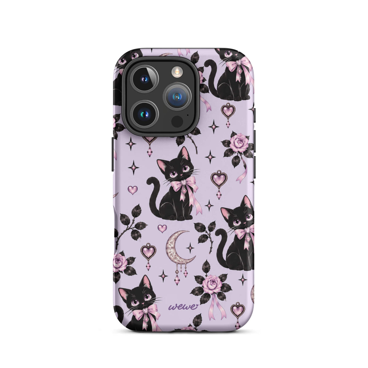 Lavender iPhone case 16 pro with black cats, pink bows, roses, crescent moons, jeweled hearts and stars