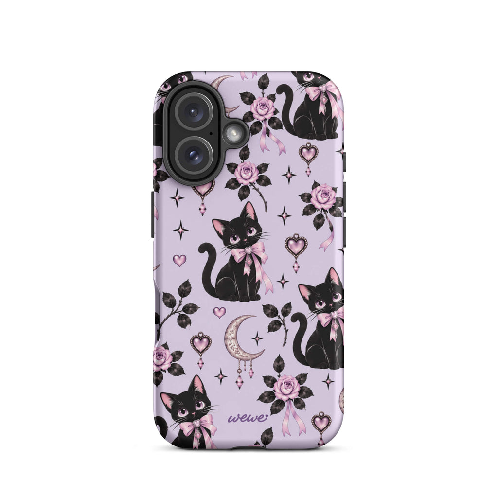 Lavender iPhone case 16 with black cats, pink bows, roses, crescent moons, jeweled hearts and stars