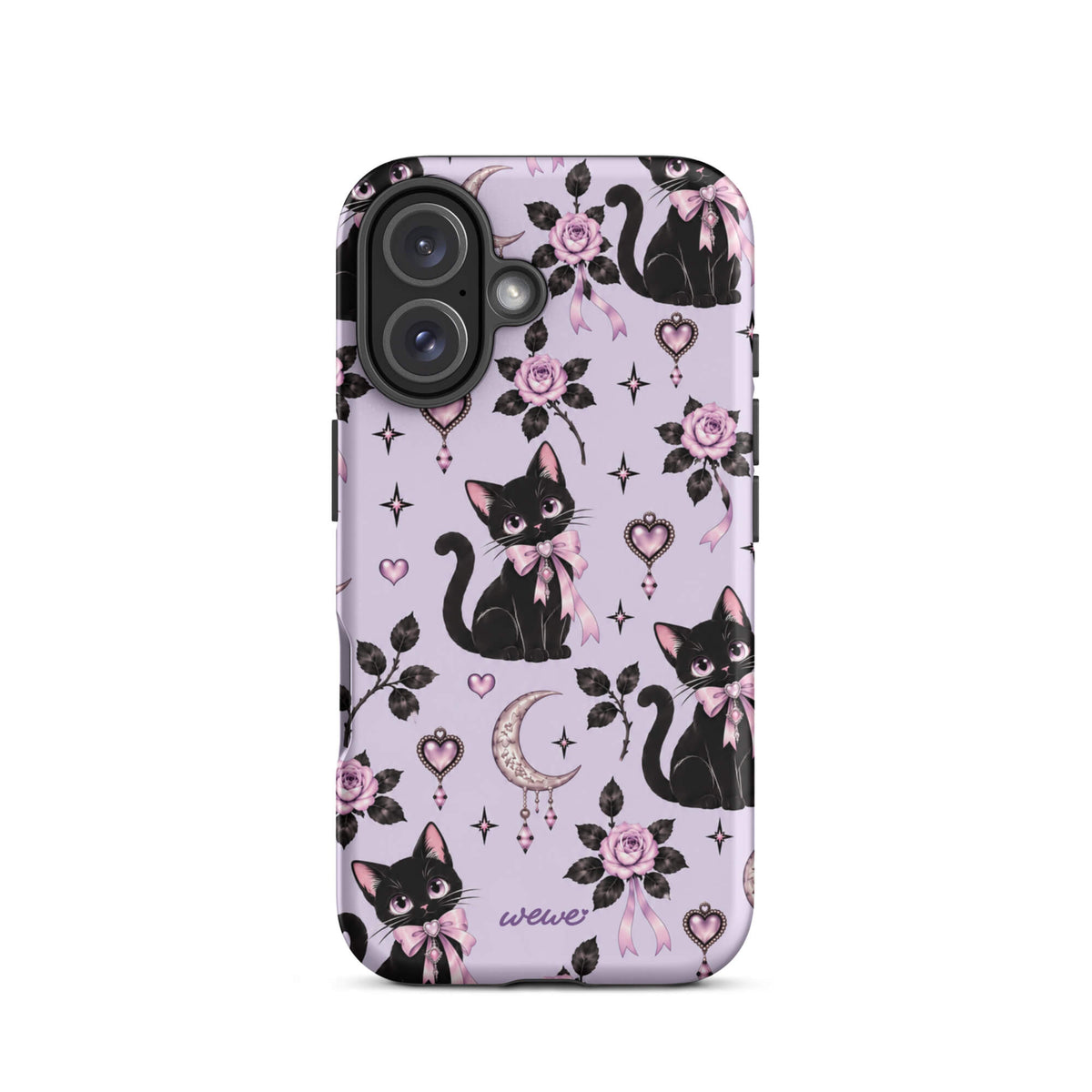 Lavender iPhone case 16 with black cats, pink bows, roses, crescent moons, jeweled hearts and stars