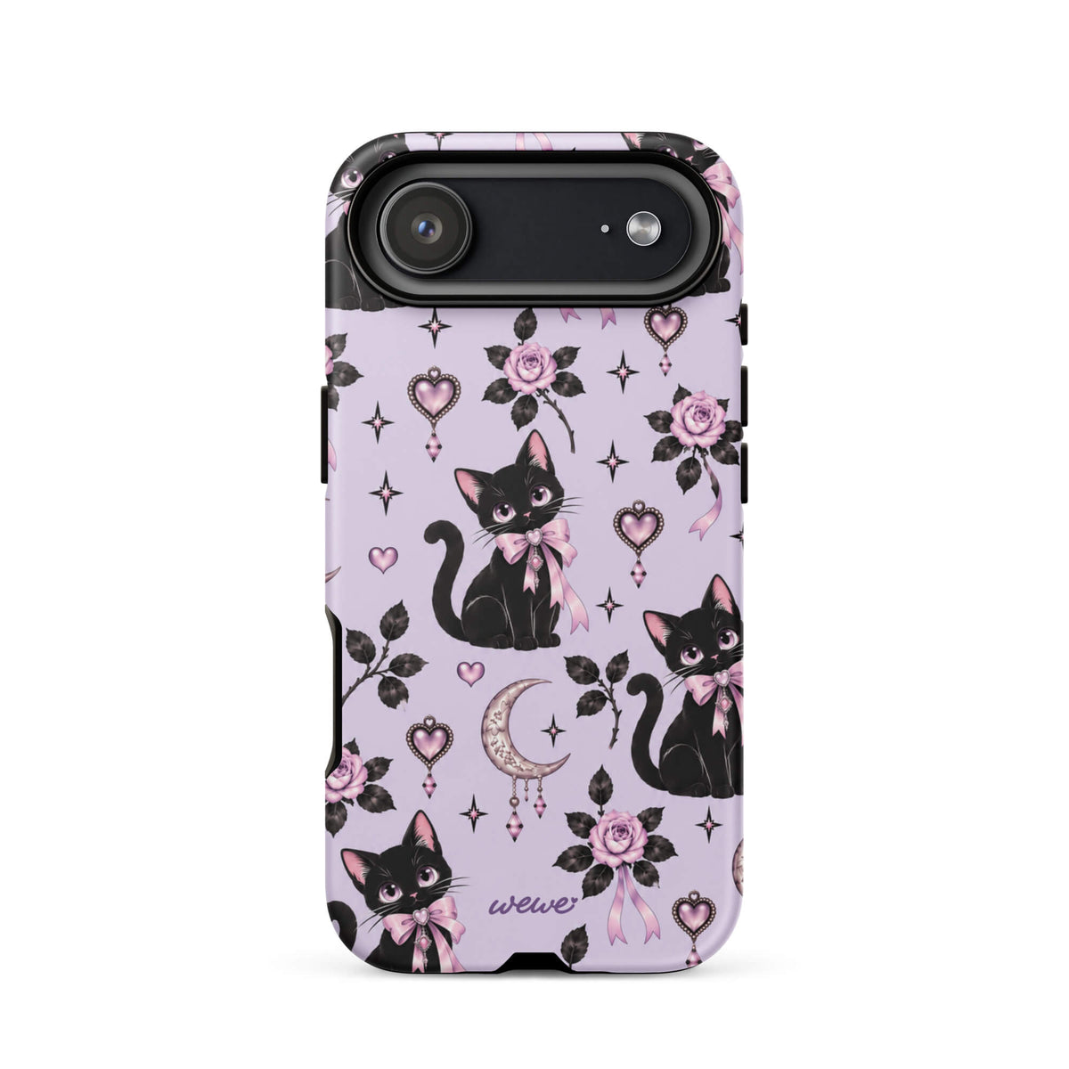 Lavender iPhone case 17 air with black cats, pink bows, roses, crescent moons, jeweled hearts and stars