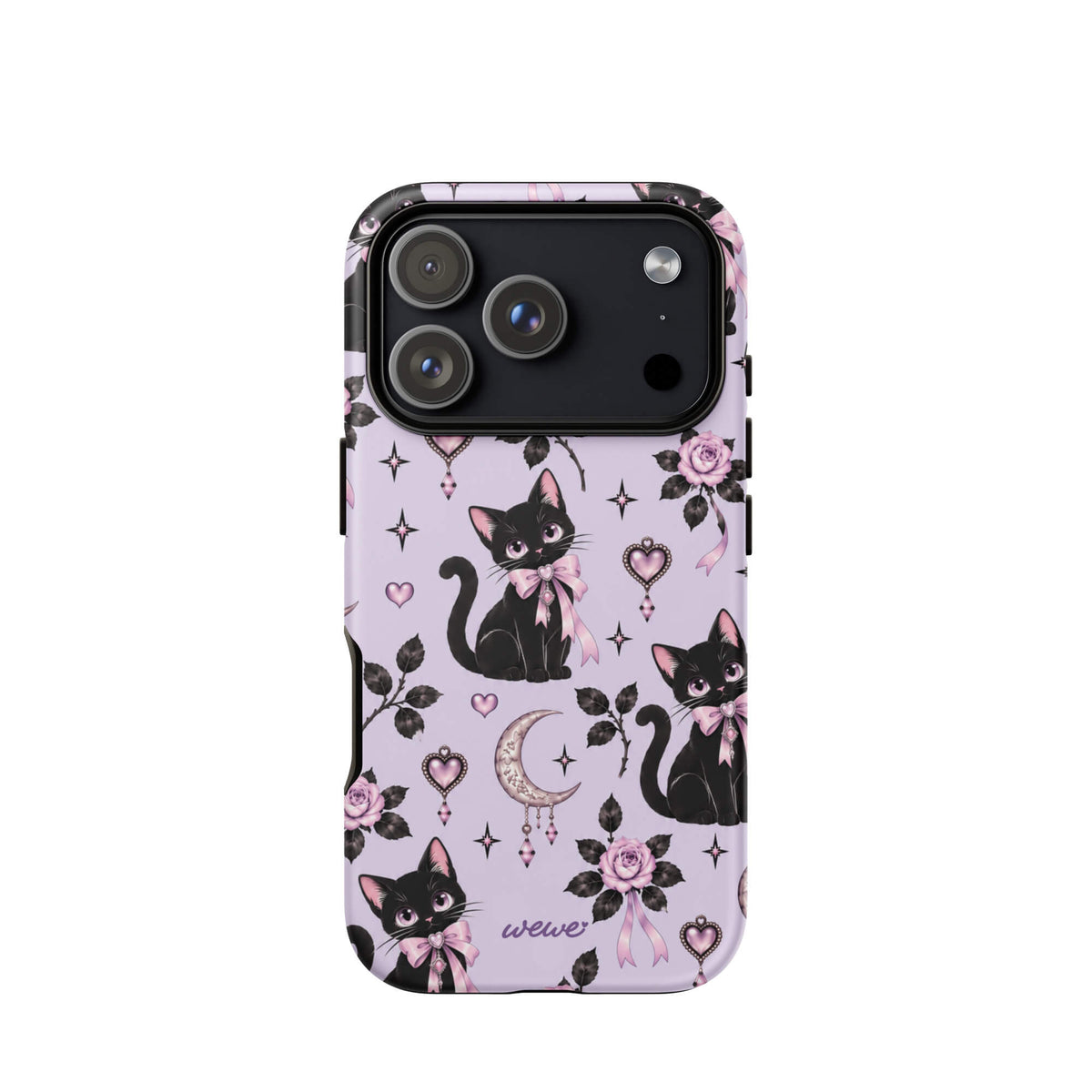 Lavender iPhone case 17 pro with black cats, pink bows, roses, crescent moons, jeweled hearts and stars