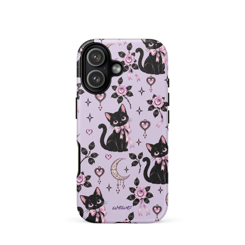 Lavender iPhone case 17 with black cats, pink bows, roses, crescent moons, jeweled hearts and stars