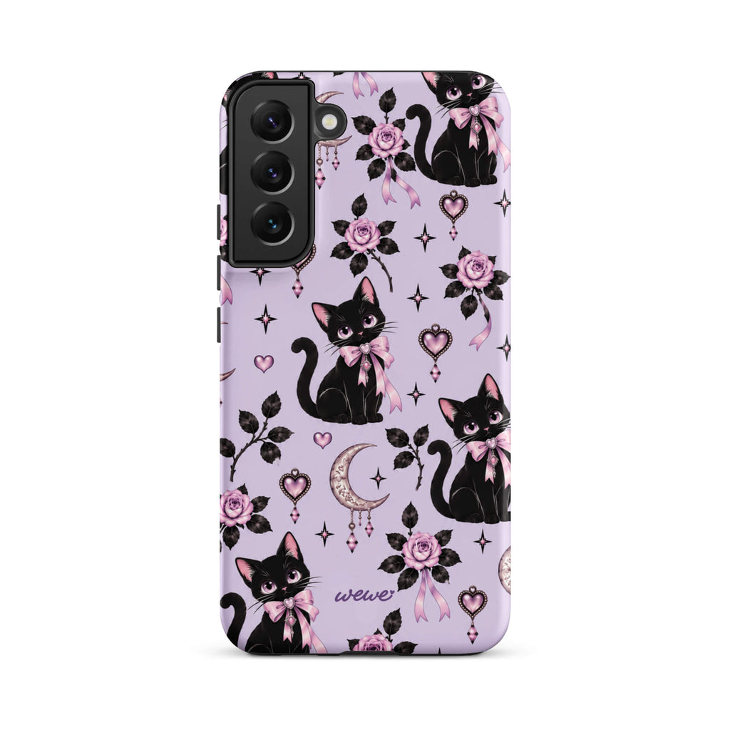 Lavender samsung galaxy s22 plus phone case with black cats, pink bows, roses, crescent moons, jeweled hearts and stars