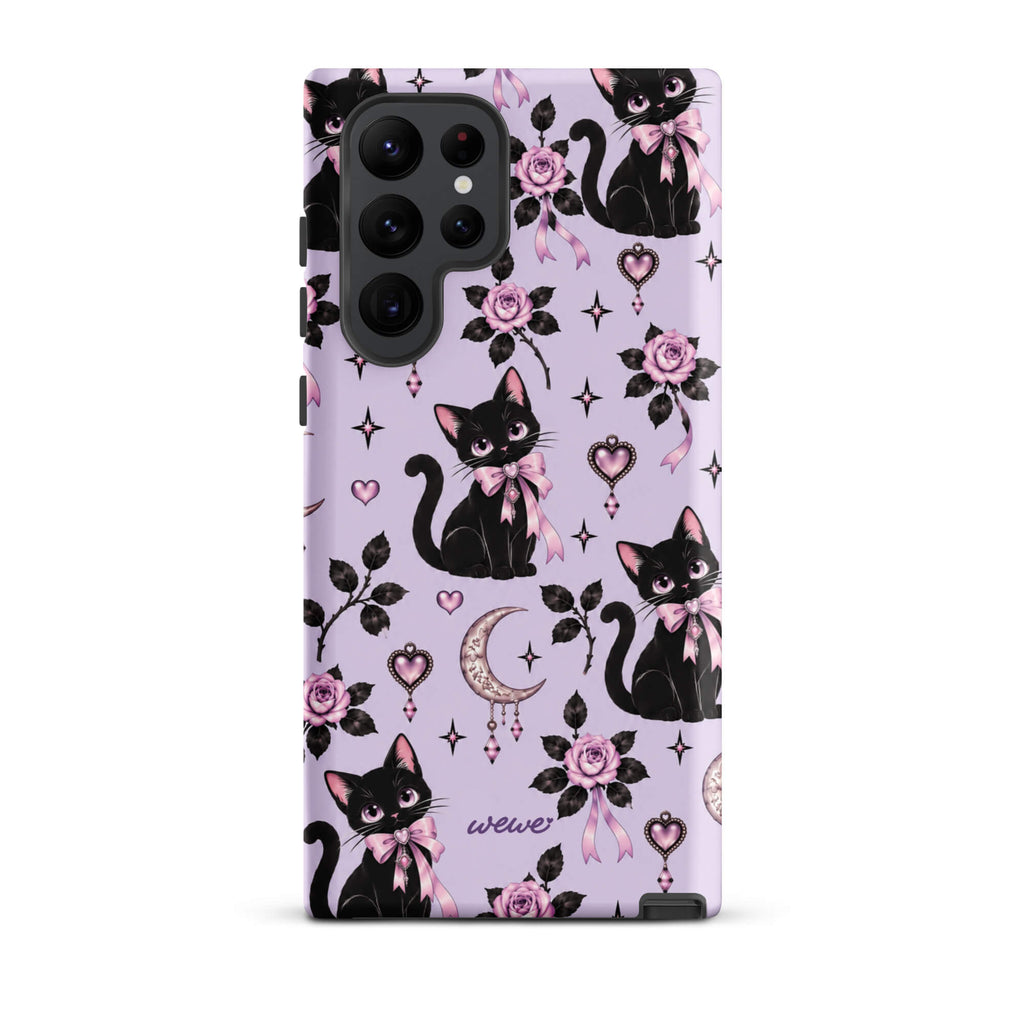 Lavender samsung galaxy s26 ultra phone case with black cats, pink bows, roses, crescent moons, jeweled hearts and stars