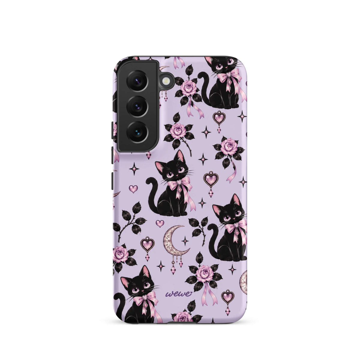 Lavender samsung galaxy s22 phone case with black cats, pink bows, roses, crescent moons, jeweled hearts and stars