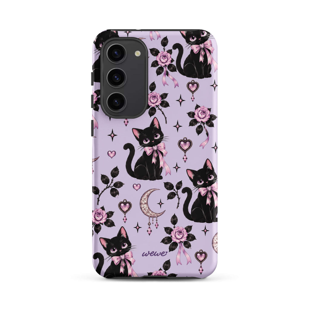 Lavender samsung galaxy s23 plus phone case with black cats, pink bows, roses, crescent moons, jeweled hearts and stars