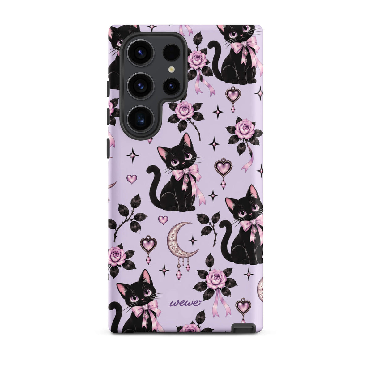 Lavender samsung galaxy s23 ultra phone case with black cats, pink bows, roses, crescent moons, jeweled hearts and stars