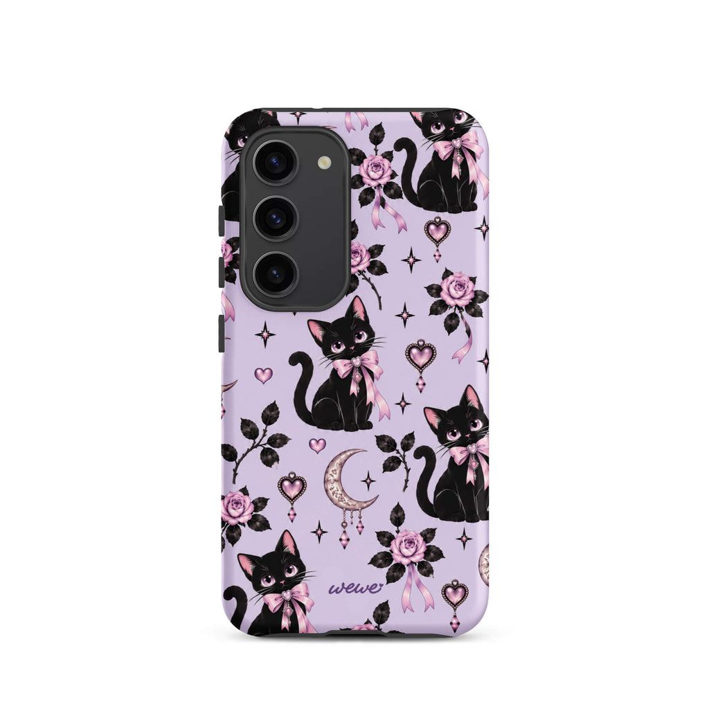 Lavender samsung galaxy s23 phone case with black cats, pink bows, roses, crescent moons, jeweled hearts and stars