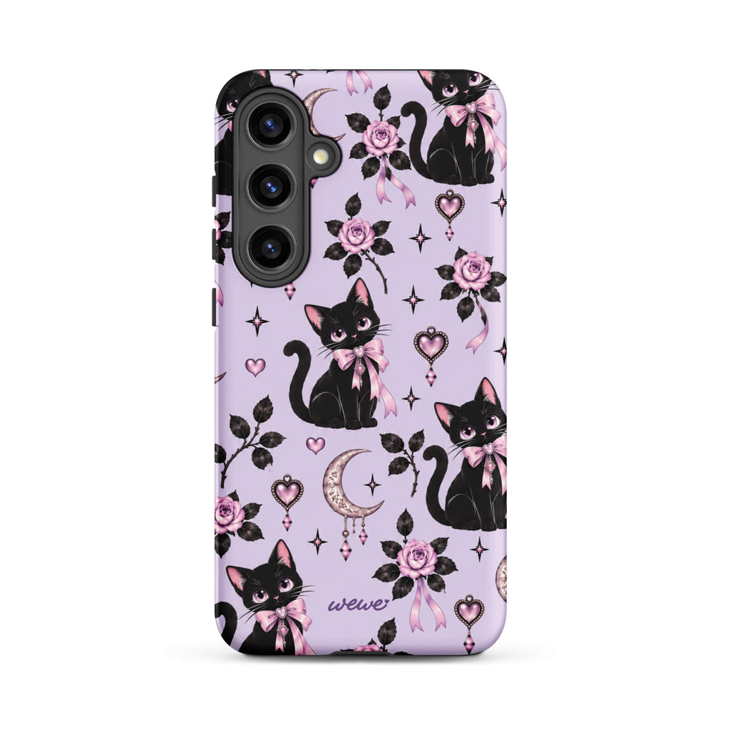 Lavender samsung galaxy s24 plus phone case with black cats, pink bows, roses, crescent moons, jeweled hearts and stars
