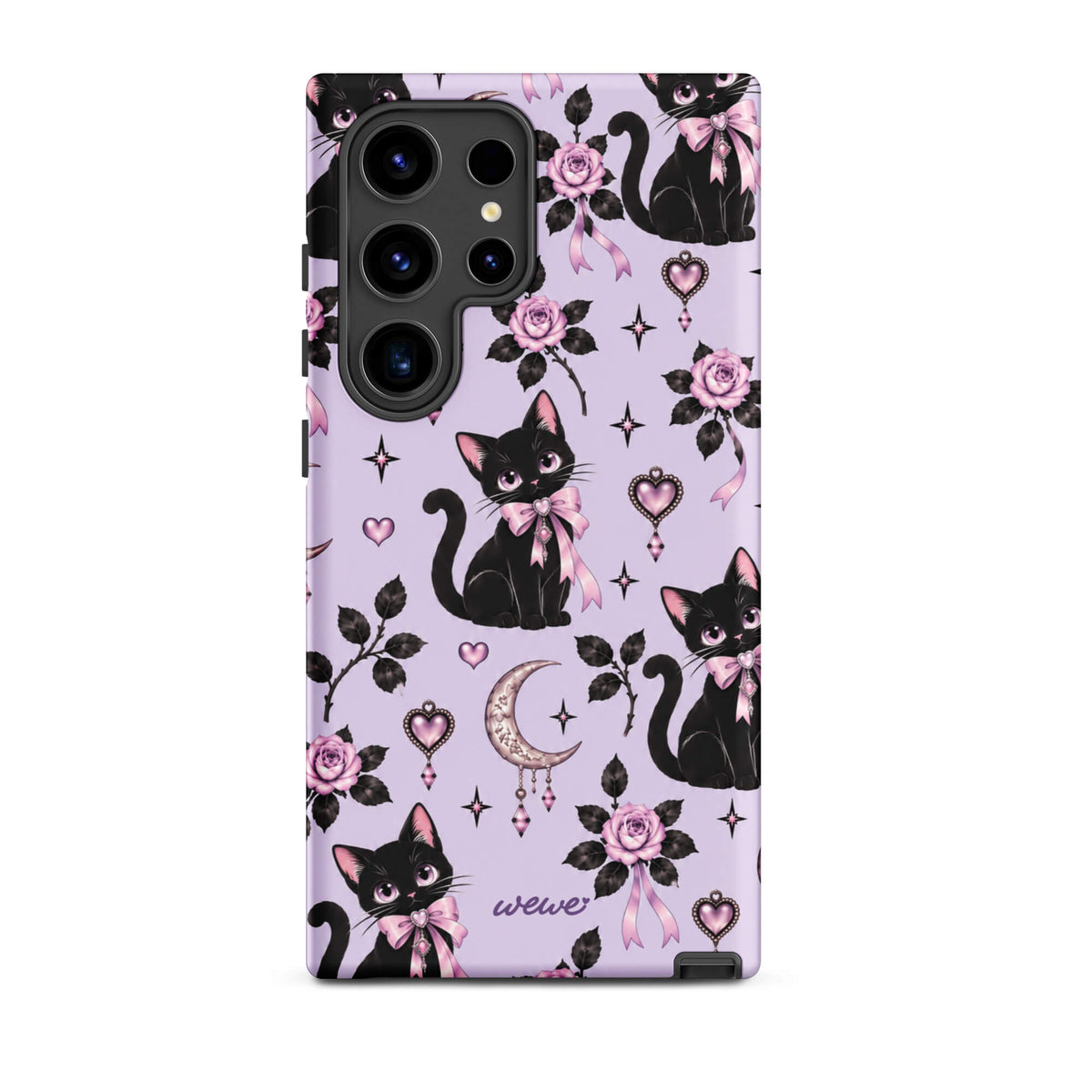 Lavender samsung galaxy s24 ultra phone case with black cats, pink bows, roses, crescent moons, jeweled hearts and stars