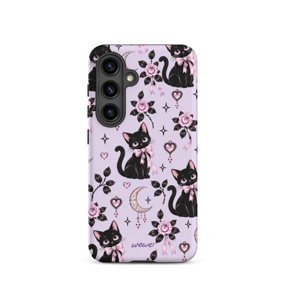 Lavender samsung galaxy s24 phone case with black cats, pink bows, roses, crescent moons, jeweled hearts and stars