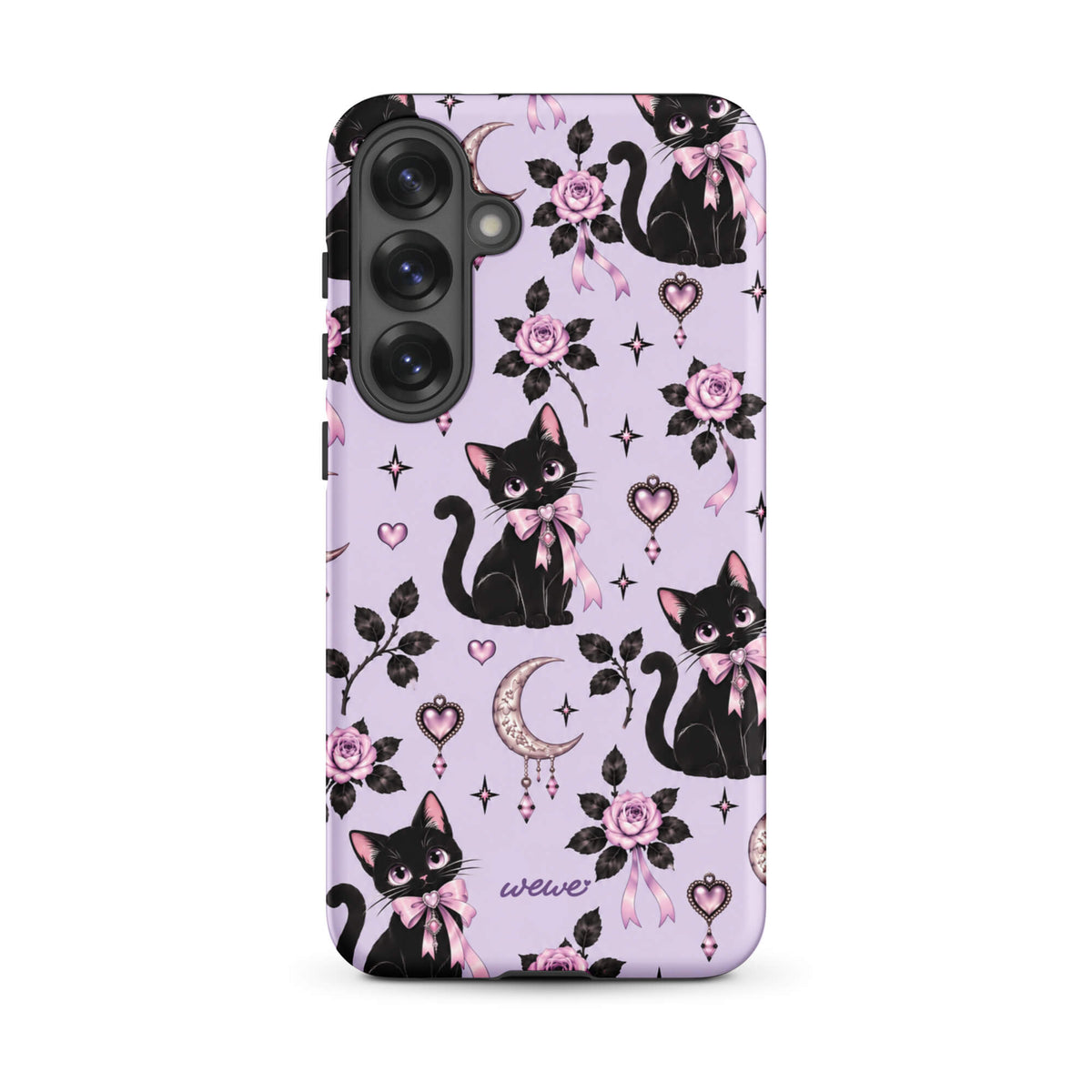 Lavender samsung galaxy s25 plus phone case with black cats, pink bows, roses, crescent moons, jeweled hearts and stars