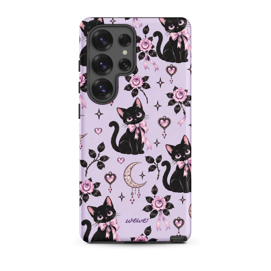 Lavender samsung galaxy s25 ultra phone case with black cats, pink bows, roses, crescent moons, jeweled hearts and stars