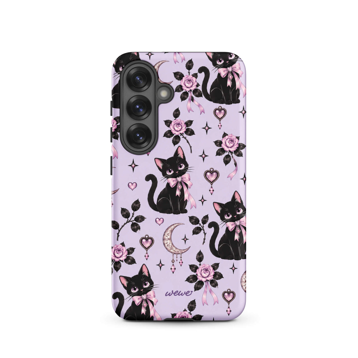 Lavender samsung galaxy s25 phone case with black cats, pink bows, roses, crescent moons, jeweled hearts and stars