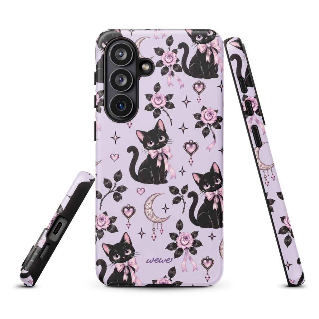 Lavender samsung galaxy s26 plus phone case with black cats, pink bows, roses, crescent moons, jeweled hearts and stars