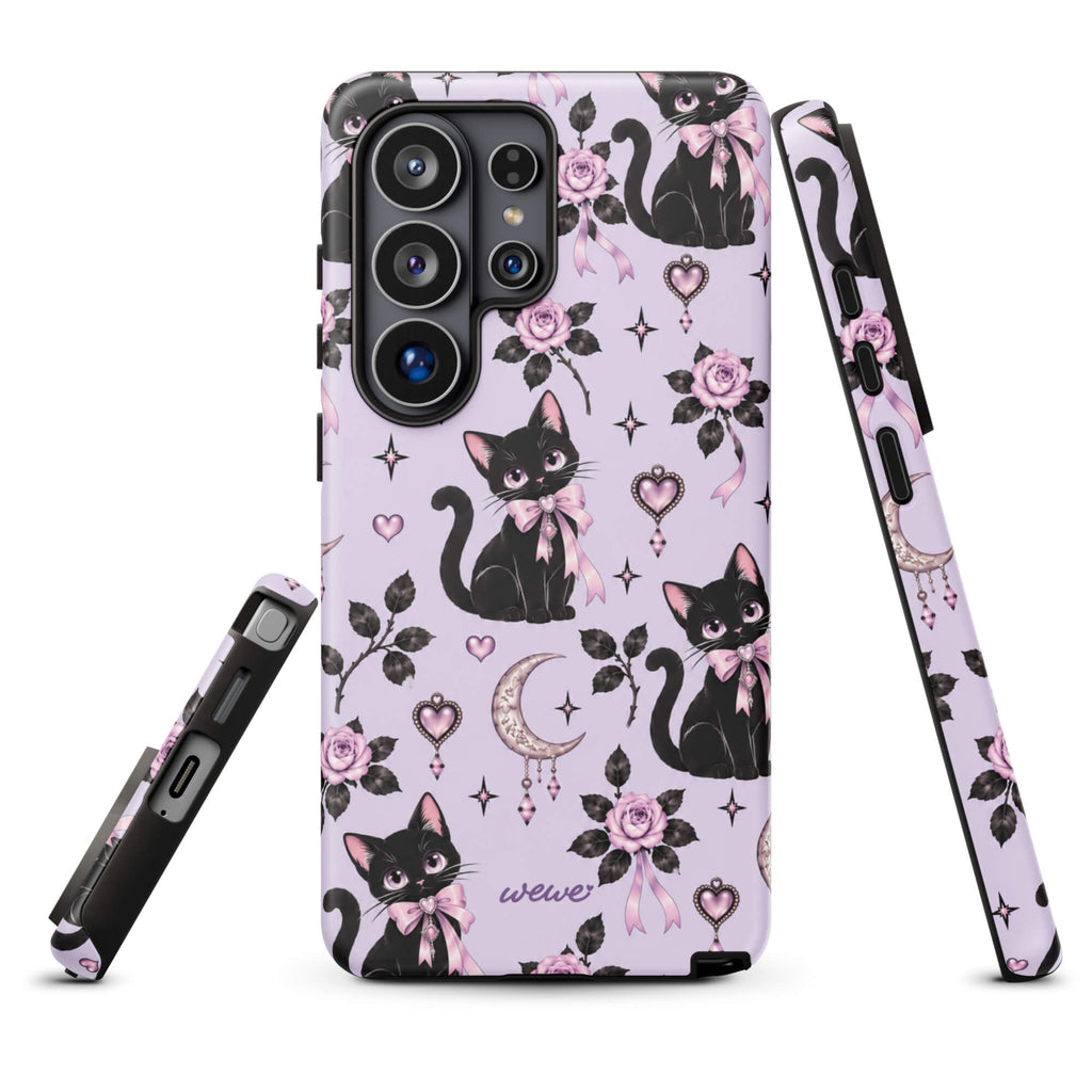 Lavender samsung galaxy s26 ultra phone case with black cats, pink bows, roses, crescent moons, jeweled hearts and stars