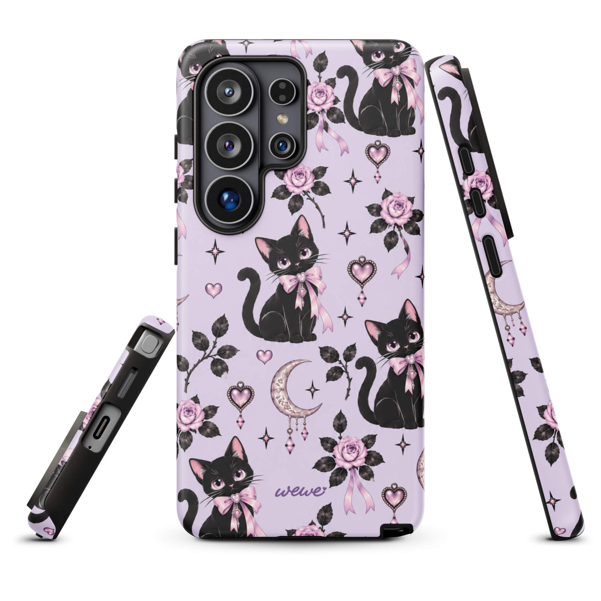 Lavender samsung galaxy s26 ultra phone case with black cats, pink bows, roses, crescent moons, jeweled hearts and stars