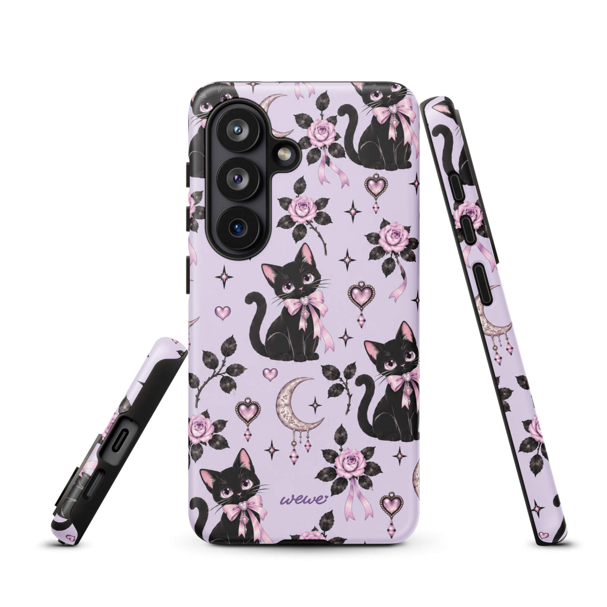 Lavender samsung galaxy s26 phone case with black cats, pink bows, roses, crescent moons, jeweled hearts and stars