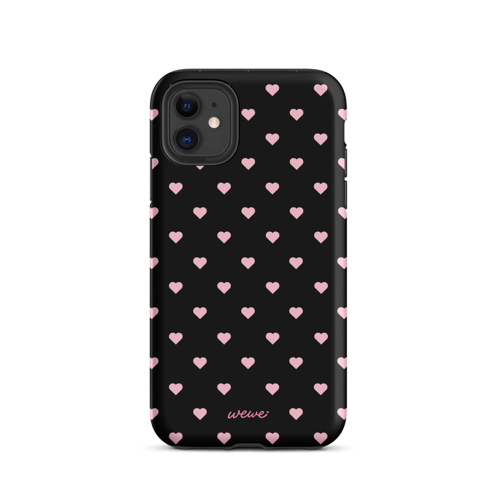 Black iPhone case with evenly spaced soft-pink mini hearts