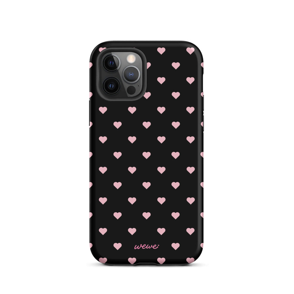 Black iPhone case with evenly spaced soft-pink mini hearts