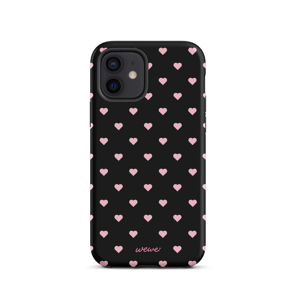 Black iPhone case with evenly spaced soft-pink mini hearts