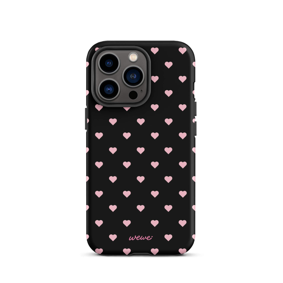 Black iPhone case with evenly spaced soft-pink mini hearts
