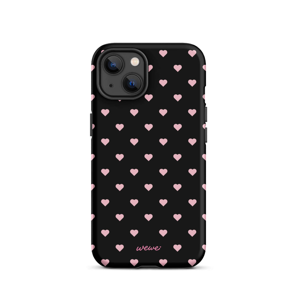 Black iPhone case with evenly spaced soft-pink mini hearts