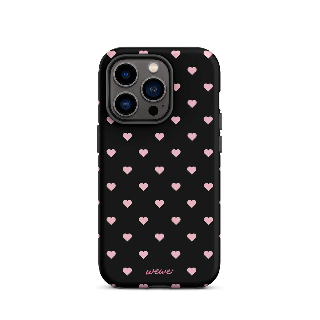 Black iPhone case with evenly spaced soft-pink mini hearts