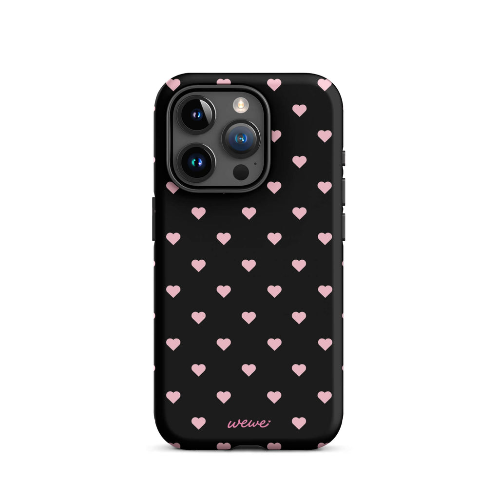 Black iPhone case with evenly spaced soft-pink mini hearts