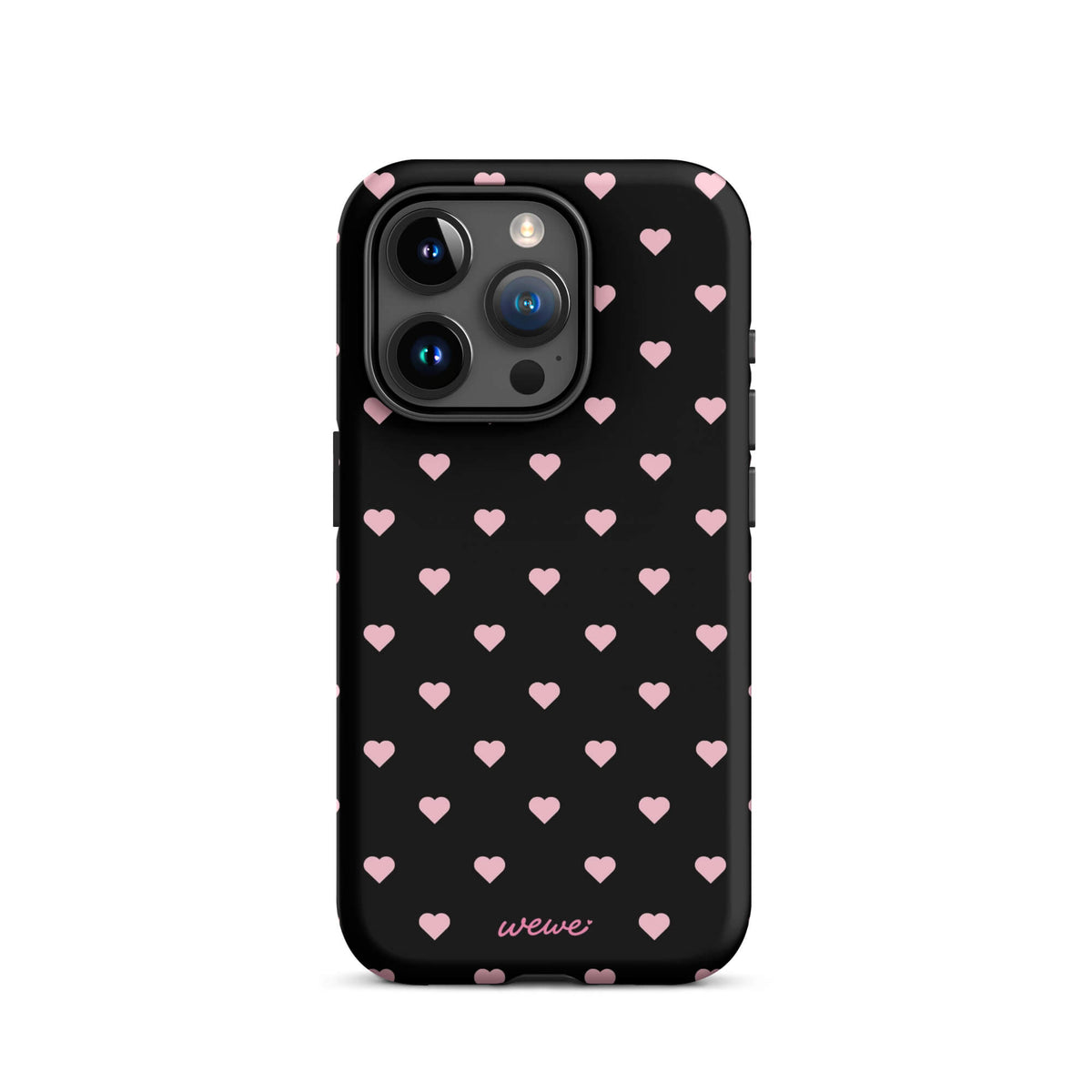 Black iPhone case with evenly spaced soft-pink mini hearts