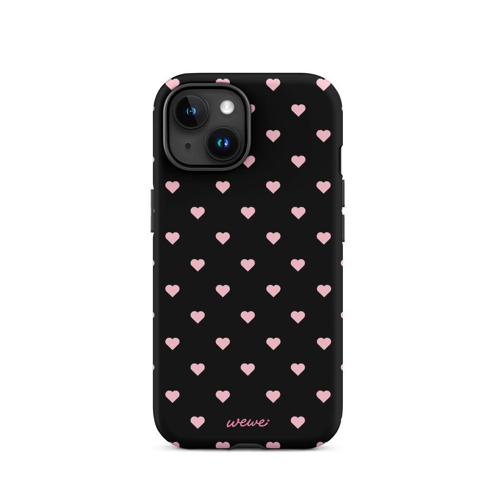 Black iPhone case with evenly spaced soft-pink mini hearts