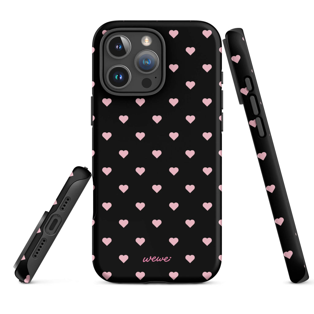 Black iPhone case with evenly spaced soft-pink mini hearts