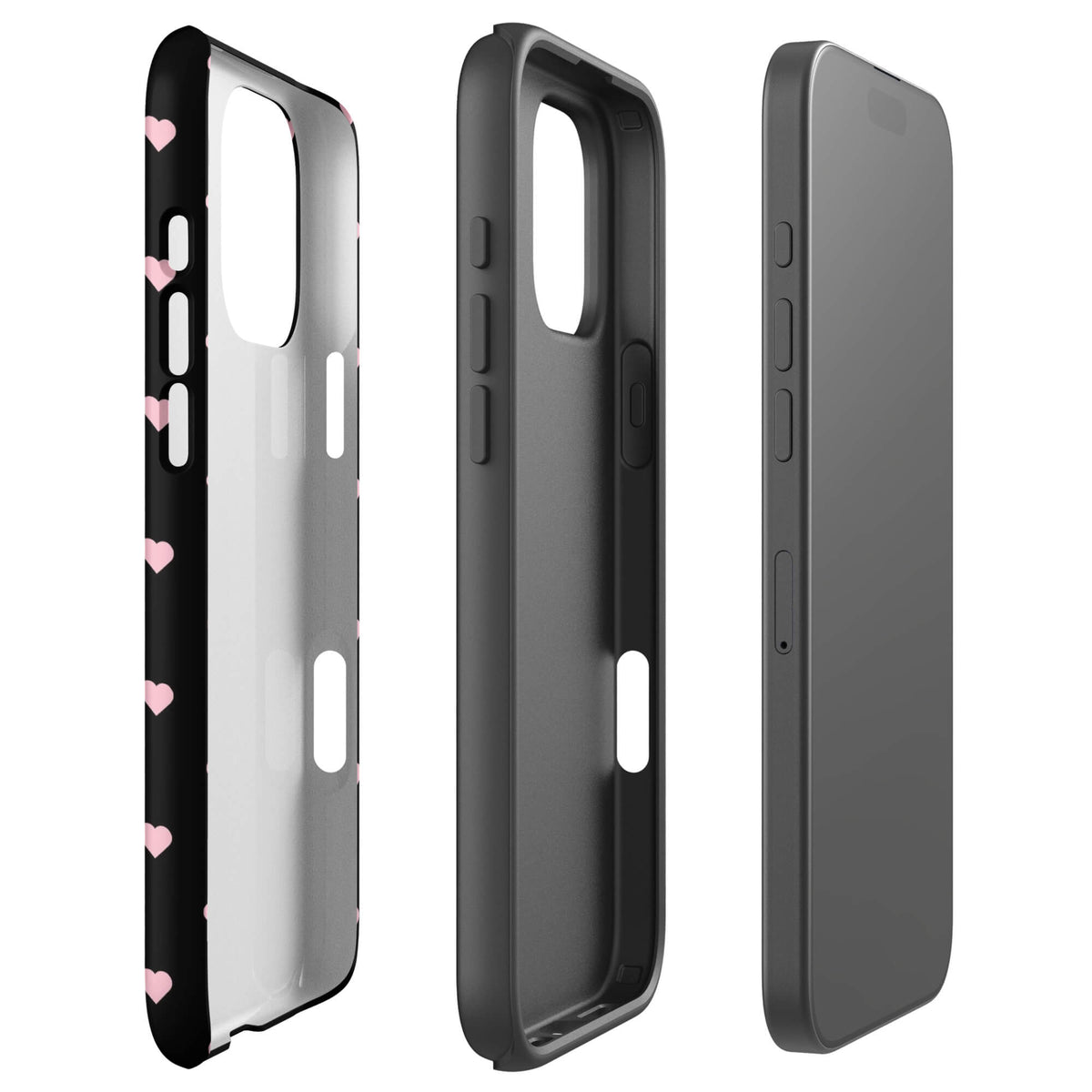 Black iPhone case with evenly spaced soft-pink mini hearts