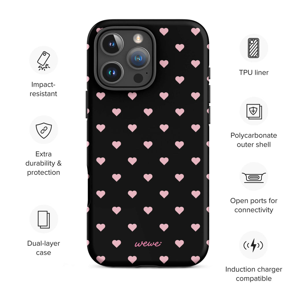 Black iPhone case with evenly spaced soft-pink mini hearts