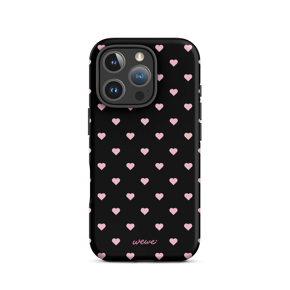 Black iPhone case with evenly spaced soft-pink mini hearts